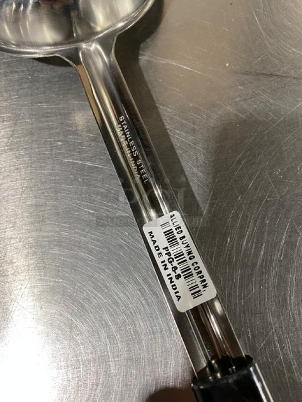 ABC Commercial Stainless Steel 6 Oz Portion Serving Spoon, Model PPG-6-S, with black grip handle, new condition. Made in India.