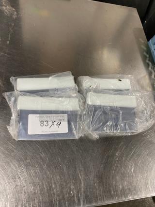 New Jimmy John's style commercial stainless steel dough cutters with white grip handles, wrapped in plastic. Quantity: 4.