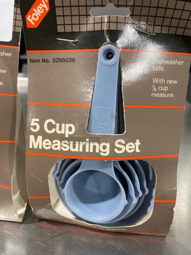 Foley Commercial Blue 5 Cup Measuring Set, Model 0255036, new condition, dishwasher safe, includes 1/8 cup measure.
