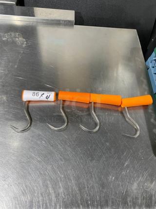 Dexter Russell Barr-Bros stainless steel boning hooks with orange grips, new condition, labeled "86" on one hook.