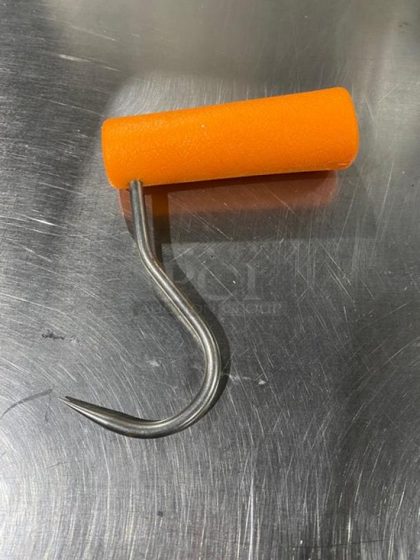 Dexter Russell Barr-Bros offset boning hook, stainless steel with an orange grip handle, new condition.