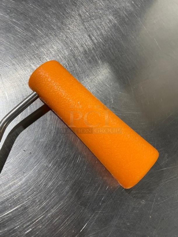 Dexter Russell Barr-Bros stainless steel offset boning hook with orange grip handle, new condition.