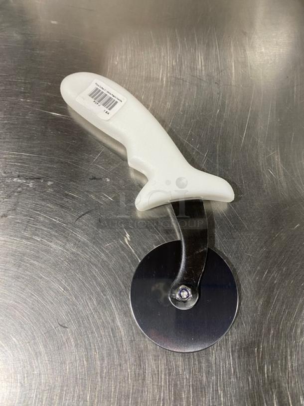 Commercial stainless steel 2" pizza cutter with white grip handle, model PCP-2, new condition, barcode label visible.