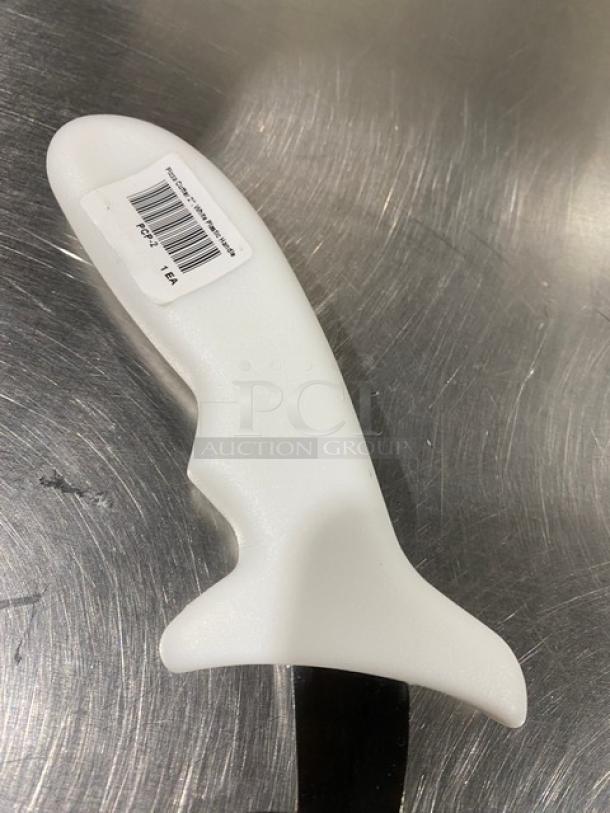 Stainless steel 2" pizza cutter with a white grip handle, model PCP2, new condition, includes product label.