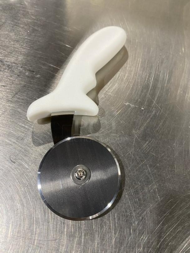 Commercial stainless steel pizza cutter, 2-inch blade, model PCP2, with ergonomic white grip handle. Brand new condition.