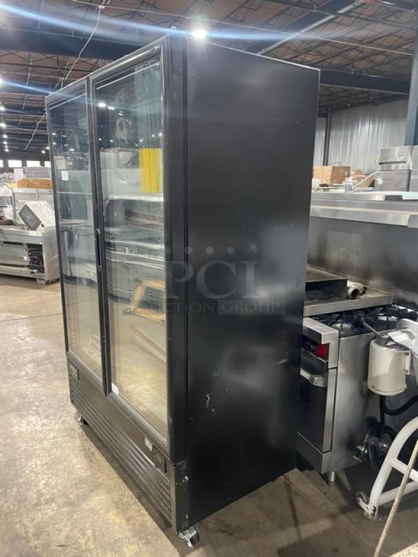 Kool-It commercial black freezer, model 163LX46FB, double glass doors, poly coated racks, on casters, 115V 1 phase.