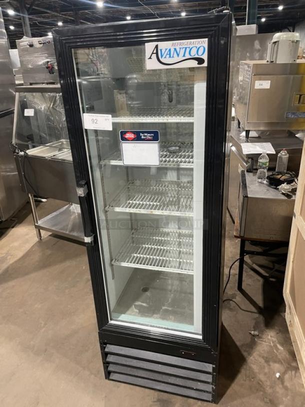 Avantco commercial black refrigerated merchandiser, model 178GDC10, 115V, with swing glass door, poly coated wire racks, on legs.