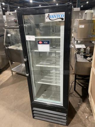 Avantco commercial black refrigerated merchandiser, model 178GDC10, 115V, with swing glass door, poly coated wire racks, on legs.