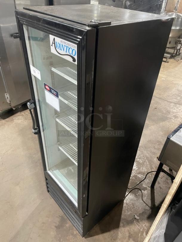 Avantco commercial black refrigerated merchandiser, model 178GDC10, with swing glass door and poly-coated wired racks.