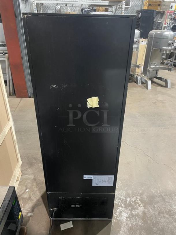 Avantco Commercial Black Refrigerated Merchandiser, Model 178GDC10, electric-powered, poly coated racks, 115V, on legs.