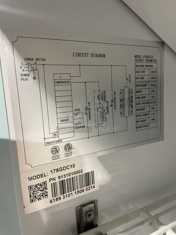 Avantco Commercial Refrigerated Merchandiser, Model 178GDC10, black, swing glass door, poly-coated racks, 115V, on legs.