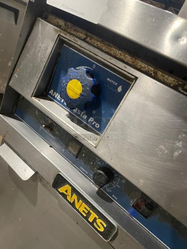 Anets GPC18 commercial stainless steel pasta cooker, natural gas, with backsplash, 115V 1-phase, visible control panel and branding.