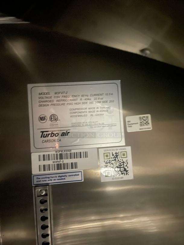 Turbo Air M3 Series stainless steel 2-door freezer, Model M3F47-2, 115V, Energy Star certified, with poly-coated racks.
