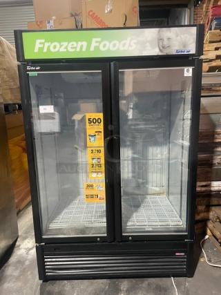 Turbo Air TGF-47SDB-N commercial freezer merchandiser, black, glass 2-door, 110-120V, poly coated racks, model TGF47SDBN.