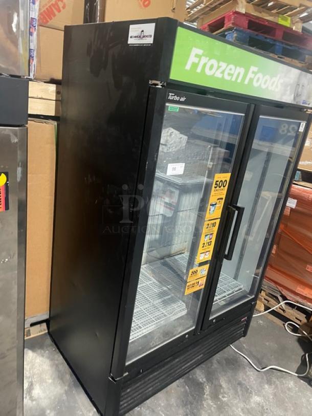 Turbo Air TGF-47SDB-N black 2-door freezer merchandiser, glass doors, poly-coated racks, model TGF47SDBN, 110-120V.