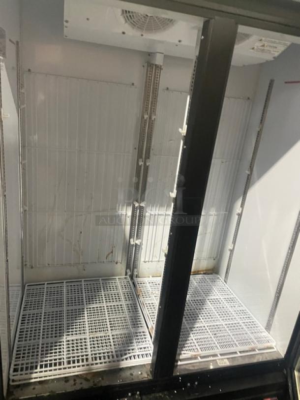 Turbo Air TGF-47SDB-N 2-door commercial freezer with glass doors, poly-coated wired racks, 110-120V, 1 Phase, Model: TGF47SDBN.