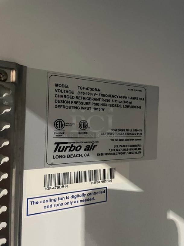 Turbo Air TGF-47SDB-N glass 2-door freezer merchandiser label, SN: H2FS47BD7003, 110-120V, poly-coated racks, commercial use.