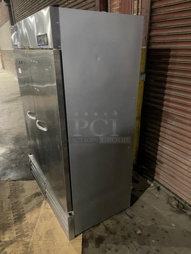 Beverage-Air stainless steel 2-door reach-in freezer, Model KF48-1AS, with poly coated racks. Electric, 115V, 1 Phase.