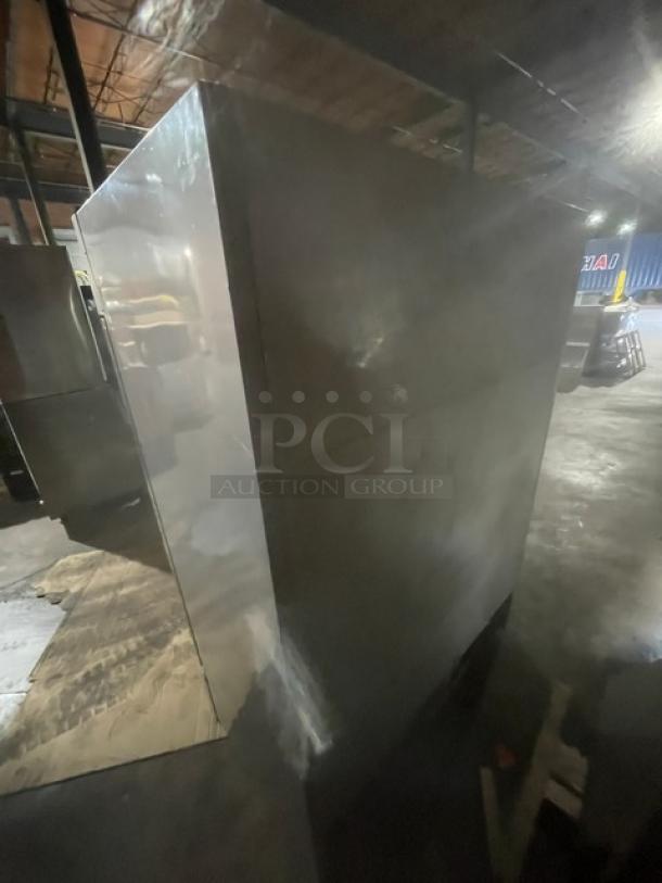 Beverage-Air commercial stainless steel 2-door freezer, model KF48-1AS, with poly-coated wire racks, 115V, 1 phase.