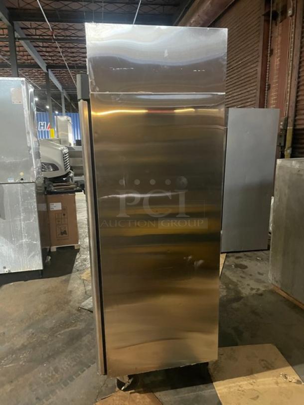 Turbo Air M3F24-1 Commercial Stainless Steel Freezer, 1 Door, Energy Star Certified, on casters, with poly-coated racks.