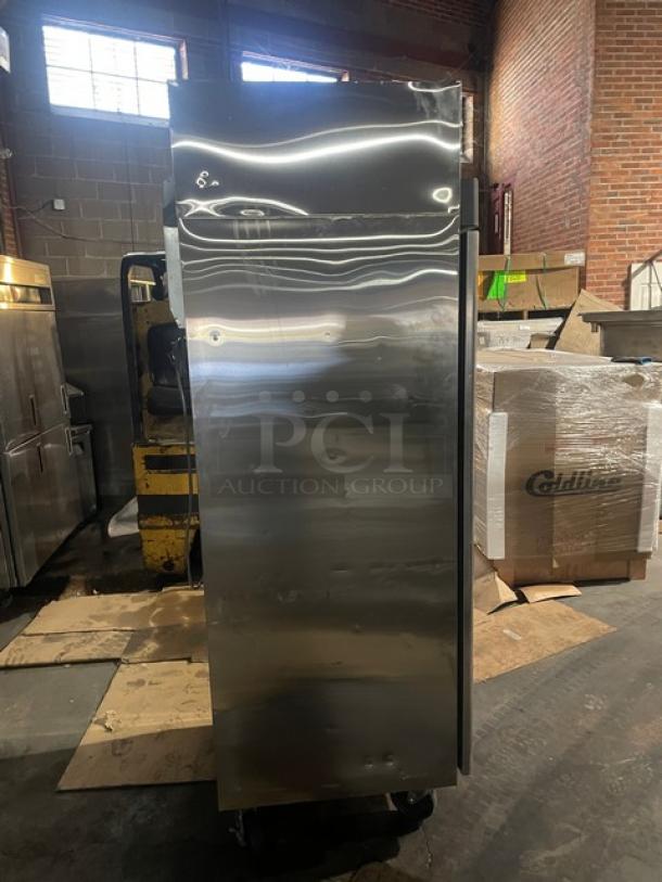 Turbo Air M3 Series stainless steel 1-door reach-in freezer, Model M3F24-1, on casters. Energy Star certified, poly-coated wired racks.