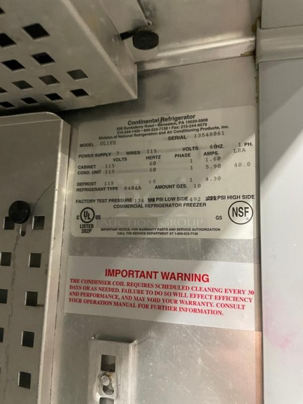 Continental DL1FE one-door stainless steel reach-in freezer, serial 13548061, 115V 1 phase, on legs. Tags detail model and specs.
