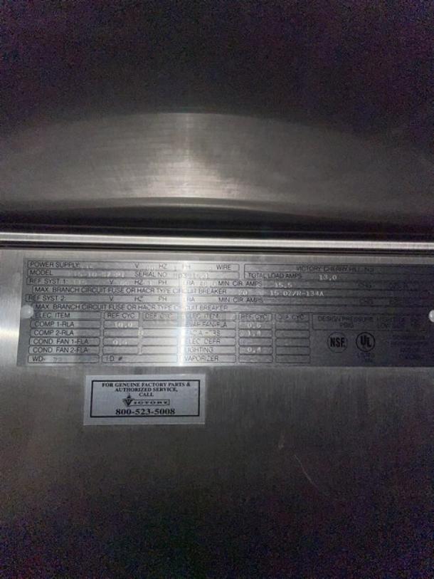 Victory One Door Roll In Rack Refrigerator, Model 1TS-1D-S7-PT, Serial M0391651, 115V 1 Phase. Ideal for dough storage.