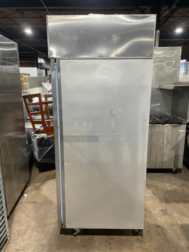 Delfield 6051-S 2 solid door reach-in cooler, 115V, on casters, stainless steel, good condition, commercial use.