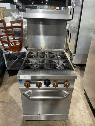 Cooper Beech natural gas 4-burner range with oven, raised backsplash, on casters. Stainless steel, used condition.