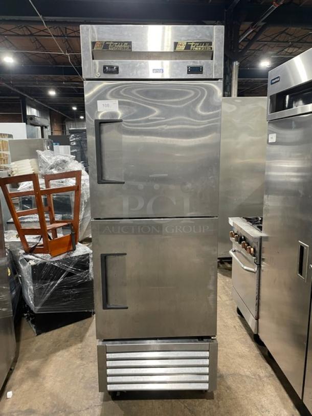 True T23DT split door cooler/freezer combo in stainless steel. Model T23DT, serial 7477212, on casters, 115V 1 phase.