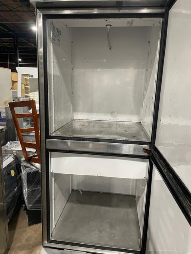 True T23DT Split Door Cooler/Freezer Combo, 115V, 1 Phase, on casters, model T23DT, serial 7477212, interior view.