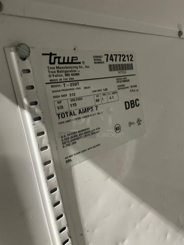 True Split Door Cooler/Freezer Combo, Model T23DT, Serial 7477212, 115V, 1 Phase, on casters, label visible with specs.