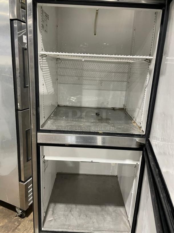 True T23DT Split Cooler/Freezer Combo, model T23DT, serial 6816223, 115V 1 Phase, on casters, showing interior shelves.