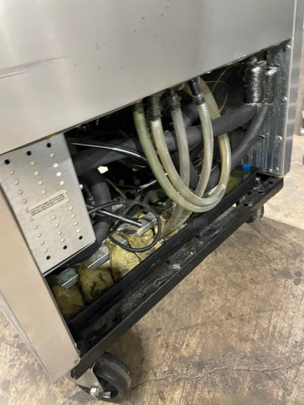 True Split HALF/HALF Cooler/Freezer Combo, Model T23DT, Serial 6816223, 115V 1 Phase, on casters, showing internal components.