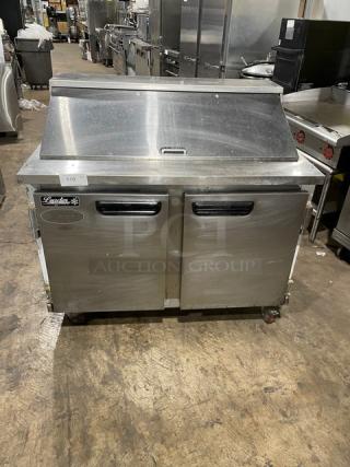Leader 48-inch Mega Top Refrigerated Sandwich Prep Table, model ESLM48S/C, on casters, stainless steel, used condition.