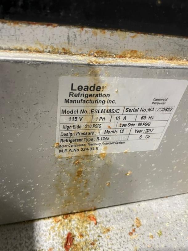 Leader 48" Mega Top Refrigerated Sandwich Prep Table, Model ESLM48S/C, Serial NA12C0822, 115V, 1 Phase, on casters, some wear.