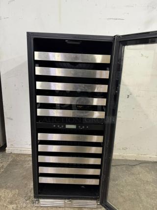 Summit Appliance SWCP2116, 24" dual zone wine cellar with glass door, stainless steel trim, full-extension shelving. Factory-installed lock.