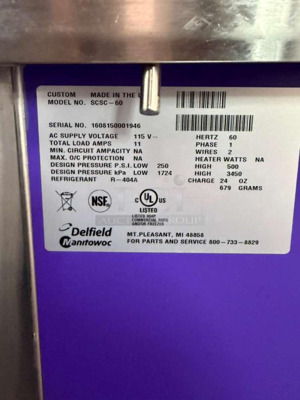 Delfield SCSC-60-EFFP 60-Inch refrigerated food counter label, showing specs, voltage, design pressure, and refrigerant type.