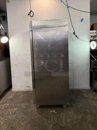 Dukers D28R Refrigerator, 27.5", right hinge solid door, stainless steel, on wheels, used condition. Model D28R, 115v.
