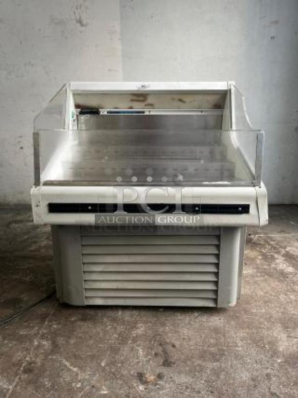Grab & Go open top display cooler in steel/white, tested and working. Features transparent sides, front vents, durable design.