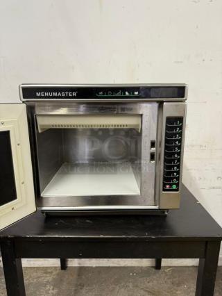 MENUMASTER RC17S2 commercial microwave, 1700W, heavy volume, 19" width, stainless steel, keypad controls, door open, clean interior.