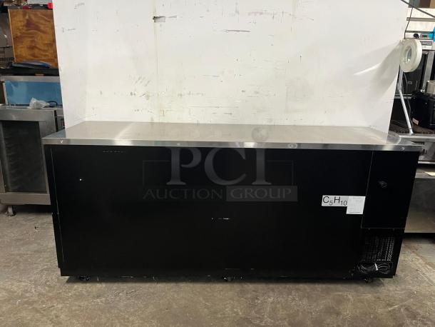PADELA UBB-4-HC 90" 3-section solid-door back bar cooler, black finish, used condition, visible labels, and power cord attached.