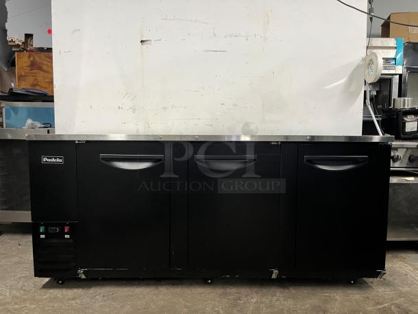 PADELA UBB-4-HC 90" 3-section solid-door back bar cooler, black finish, stainless steel top, visible brand logo, good condition.