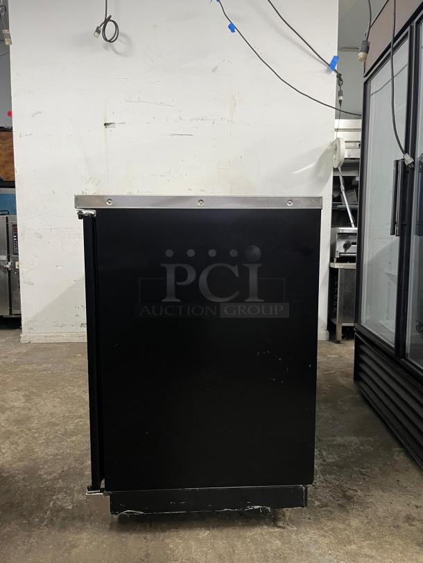 PADELA UBB-4-HC 90" back bar cooler, black, 3 solid doors, in good condition, minor scuffs visible.
