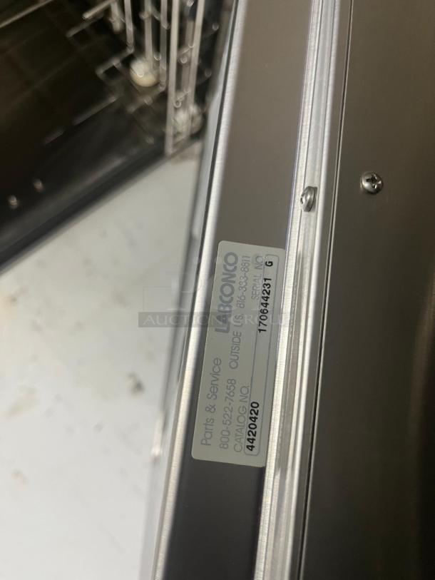 Labconco under counter dishwasher, visible label with catalog no. 4420420, stainless steel, open door view, good condition.