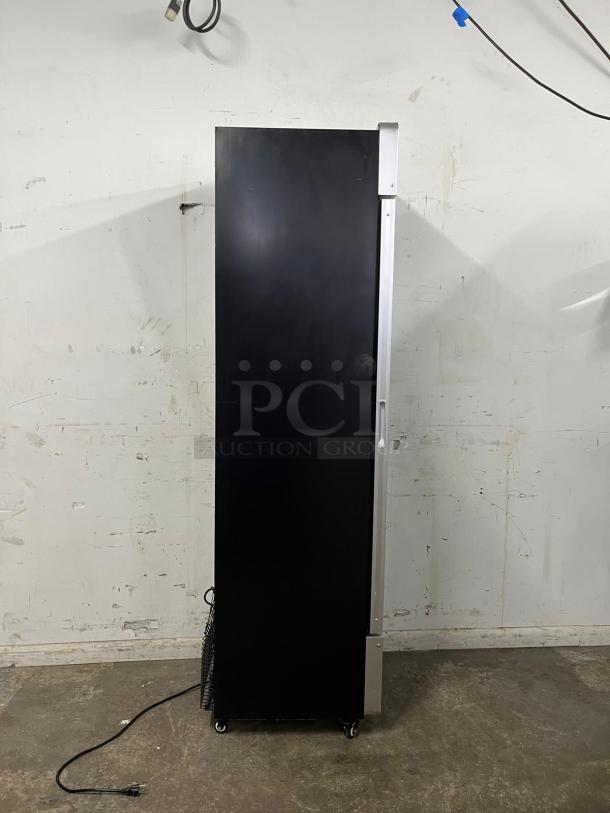 Yukon USF-175BLK commercial single glass door freezer, black exterior, wheeled base, visible power cord.