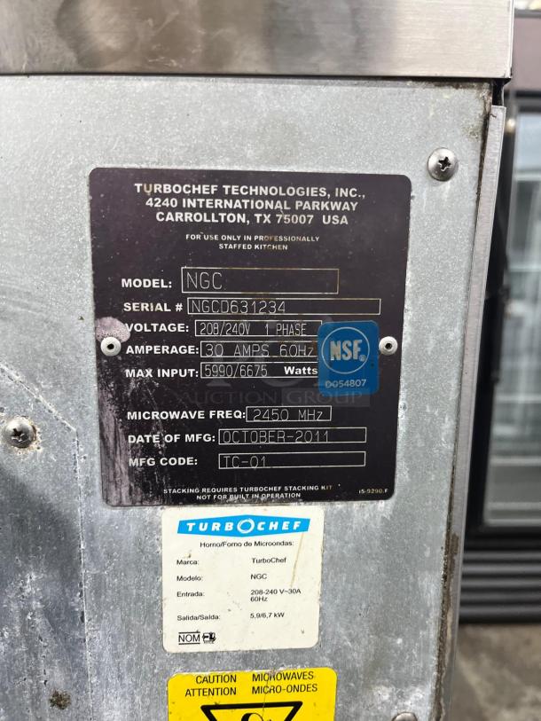 TurboChef Tornado NGC rapid cook oven, Model NGC, 208/240V, manufactured October 2011, commercial-grade.