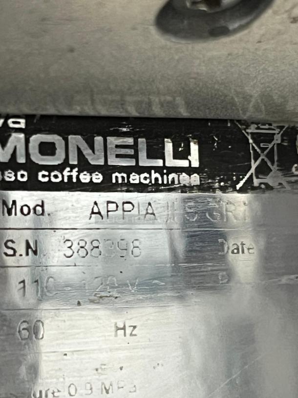 Nuova Simonelli Appia II nameplate showing model, serial number 388296, voltage 110-120V, 60Hz.