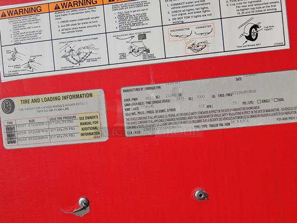 2021 Texino Food Trailer, 28', red exterior, December manufacturing date. Visible tire and loading info: GVWR 21,000 lbs, tire pressures.