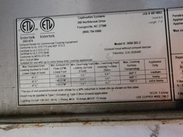 Label of CaptiveAire exhaust hood system, model 3650 BD-2. Details include airflow and temperature specifications.